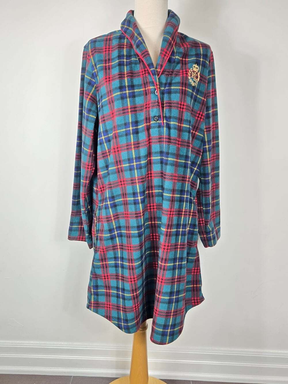 Lauren Ralph Lauren Plaid Fleece Nightshirt M Tartan Preppy Sleepwear Robe - Picture 2 of 9